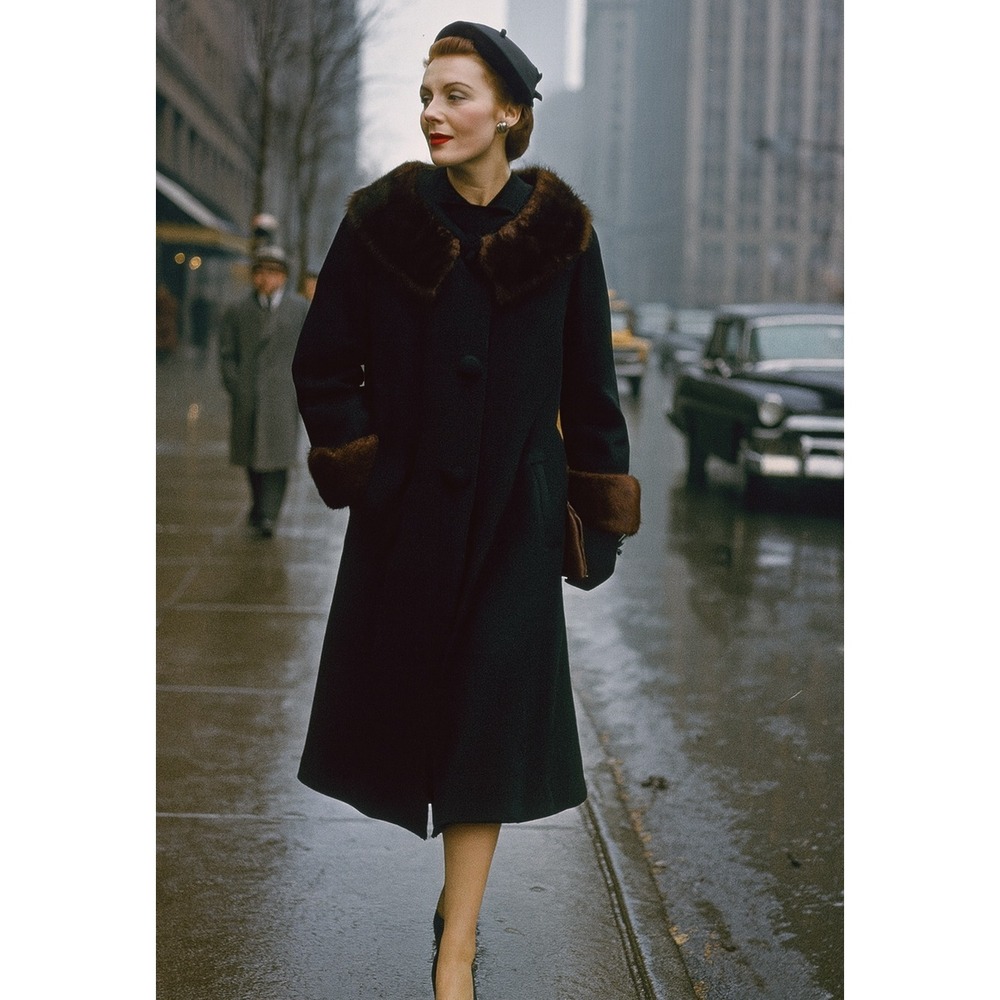 Vintage 1950s Wool Swing Coat Black Mink Fur Collar Cuffs ‎ Union Label